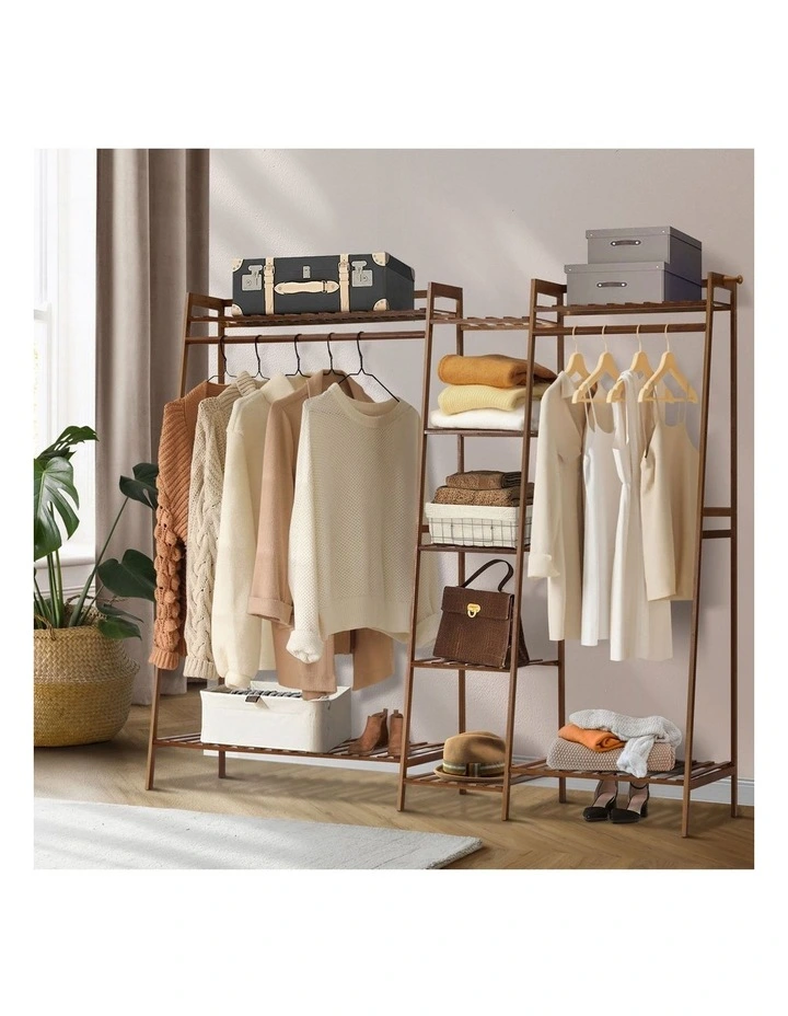 Oikiture Clothes Rack Open Wardrobe Garment Coat Hanging Rail Bamboo 9 Shelves image 4