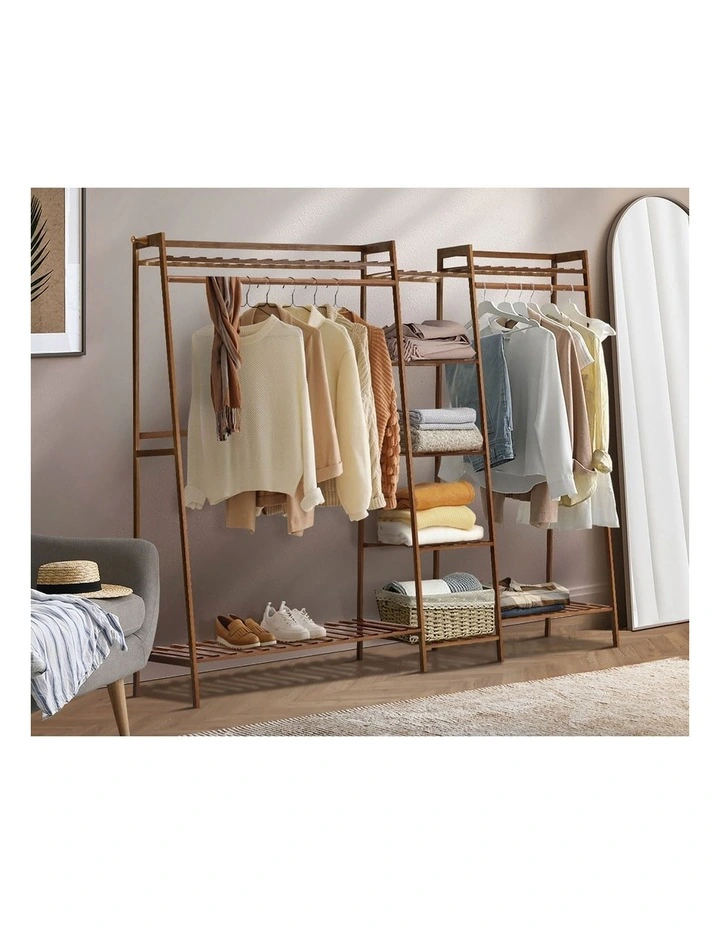 Oikiture Clothes Rack Open Wardrobe Garment Coat Hanging Rail Bamboo 9 Shelves image 5