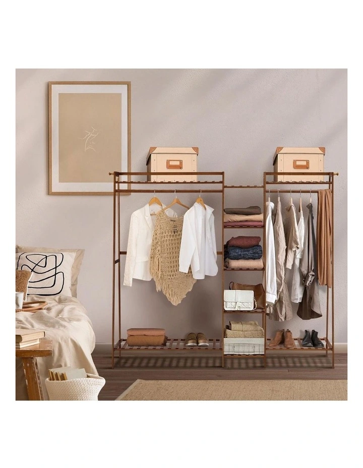 Oikiture Clothes Rack Open Wardrobe Garment Coat Hanging Rail Bamboo 9 Shelves image 7