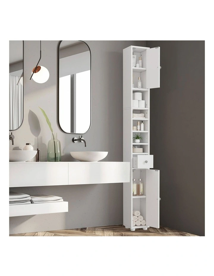 Oikiture Tall Bathroom Storage Cabinet Shelf Drawer Tallboy Cupboard White image 5