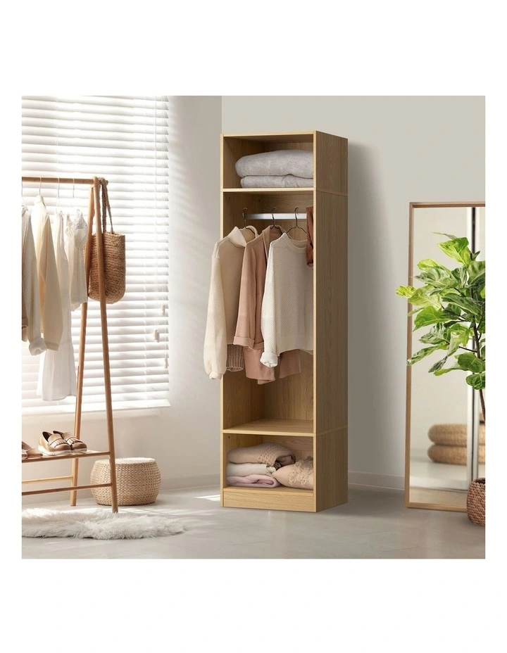 Oikiture Open Wardrobe Shelf Unit Clothes Storage 3 Shelves Hanging Rail Natural image 4