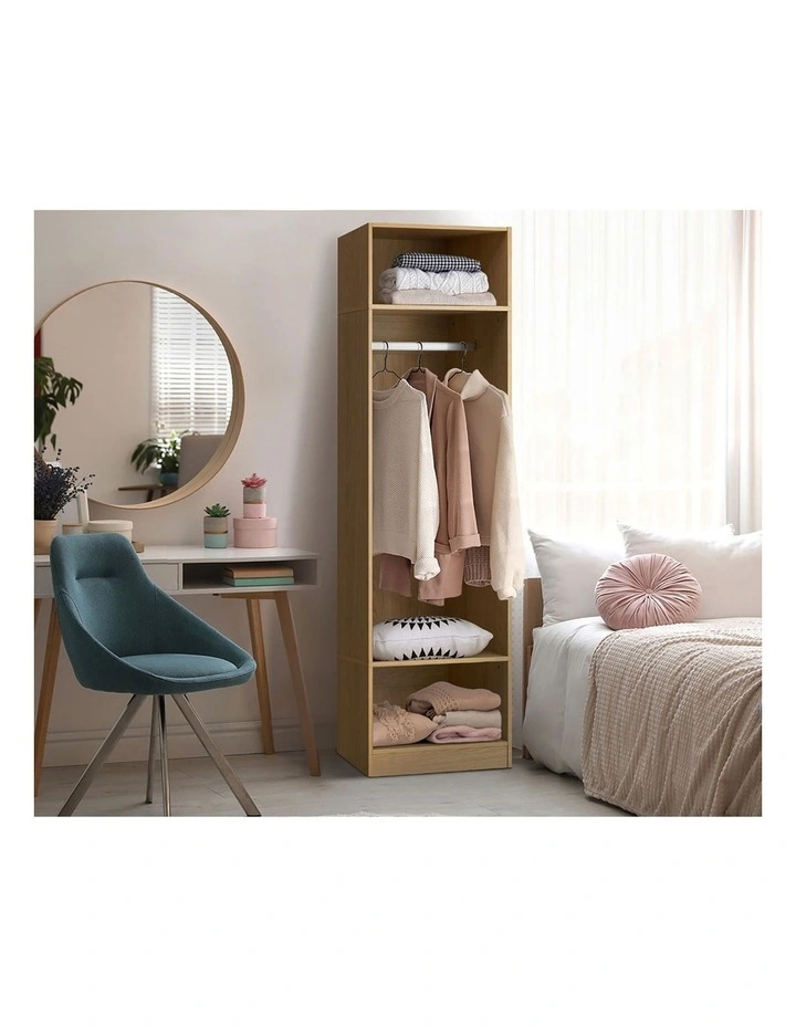 Oikiture Open Wardrobe Shelf Unit Clothes Storage 3 Shelves Hanging Rail Natural image 7