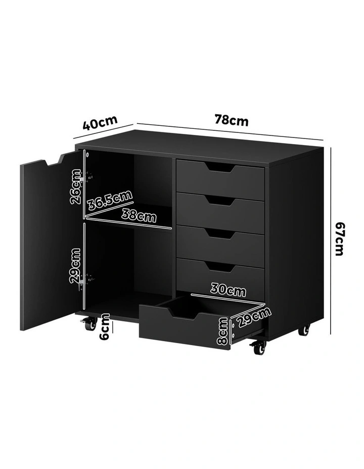 Oikiture Filing Cabinet 1 Door 5 Drawer Mobile Office Storage Cabinet Black image 3