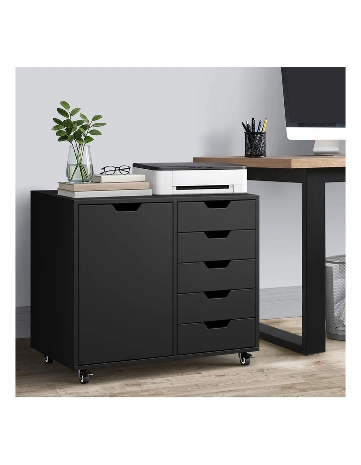 Oikiture Filing Cabinet 1 Door 5 Drawer Mobile Office Storage Cabinet Black image 4