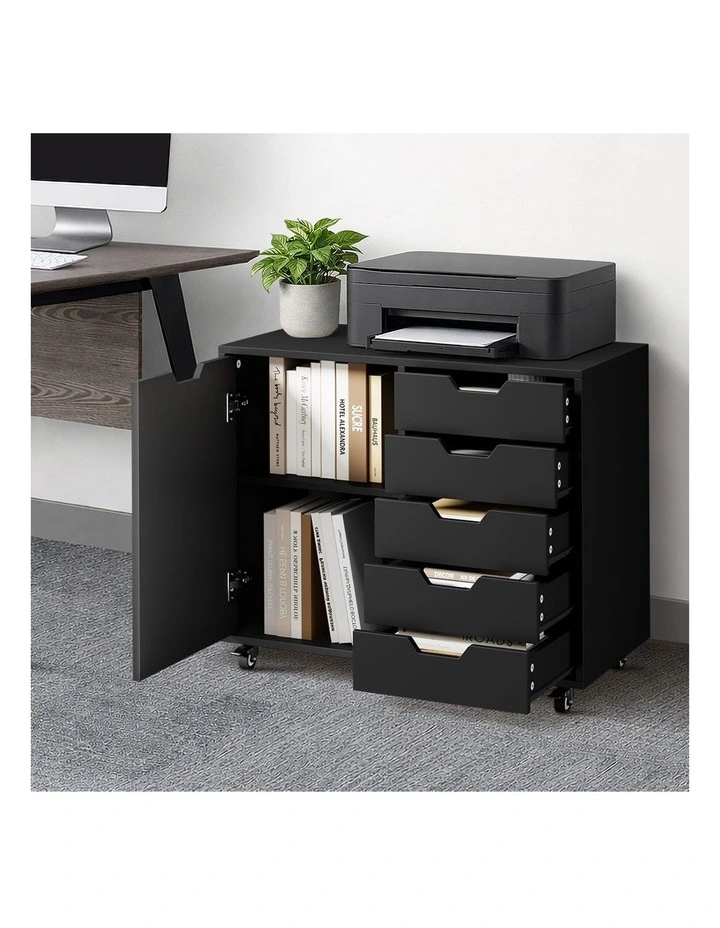 Oikiture Filing Cabinet 1 Door 5 Drawer Mobile Office Storage Cabinet Black image 5