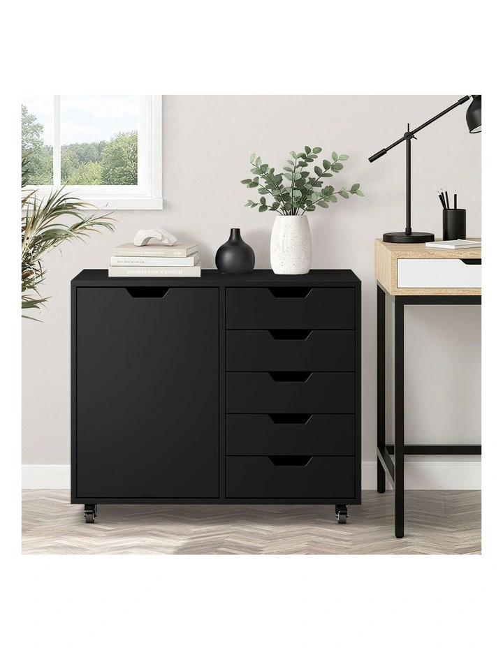 Oikiture Filing Cabinet 1 Door 5 Drawer Mobile Office Storage Cabinet Black image 7