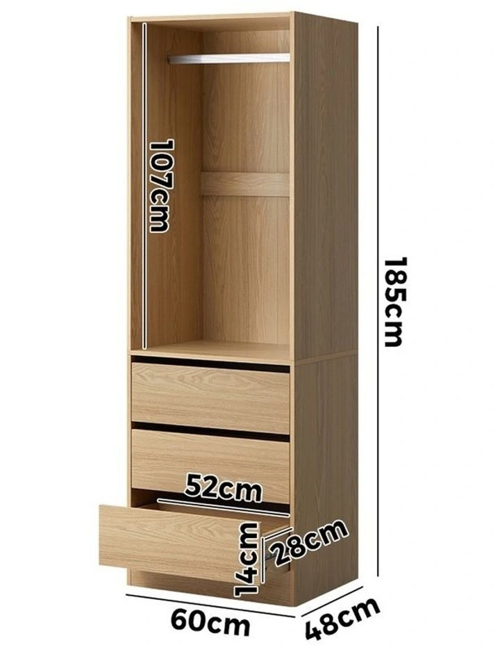 Oikiture Wardrobe Clothes Storage Organizer 3 Drawers Hanging Rail Natural image 3