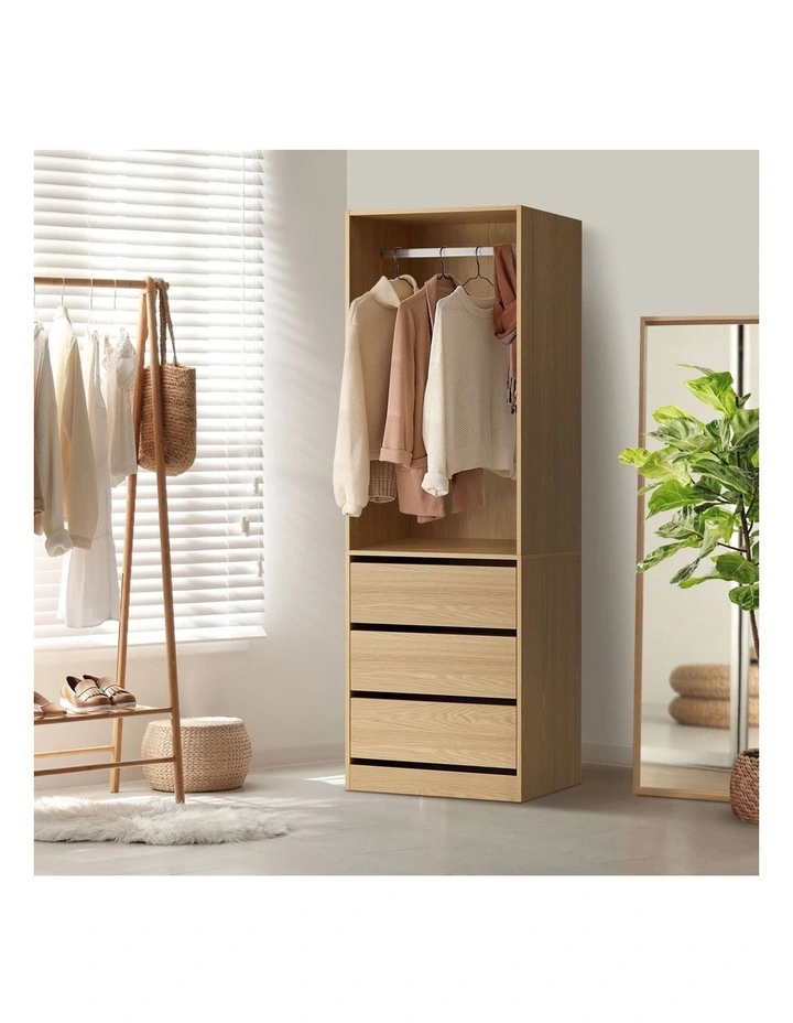 Oikiture Wardrobe Clothes Storage Organizer 3 Drawers Hanging Rail Natural image 4
