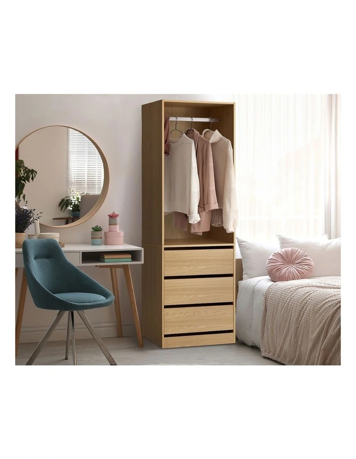 Oikiture Wardrobe Clothes Storage Organizer 3 Drawers Hanging Rail Natural image 7