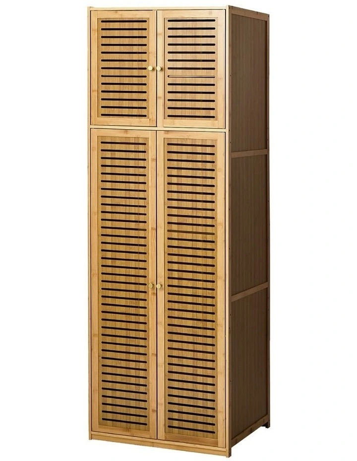 Oikiture Bamboo Wardrobe 4 Doors Clothes Storage Cabinet Hanging Rod Natural image 1
