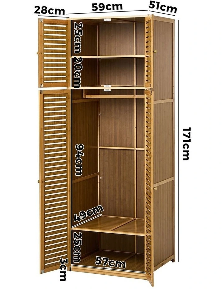 Oikiture Bamboo Wardrobe 4 Doors Clothes Storage Cabinet Hanging Rod Natural image 3
