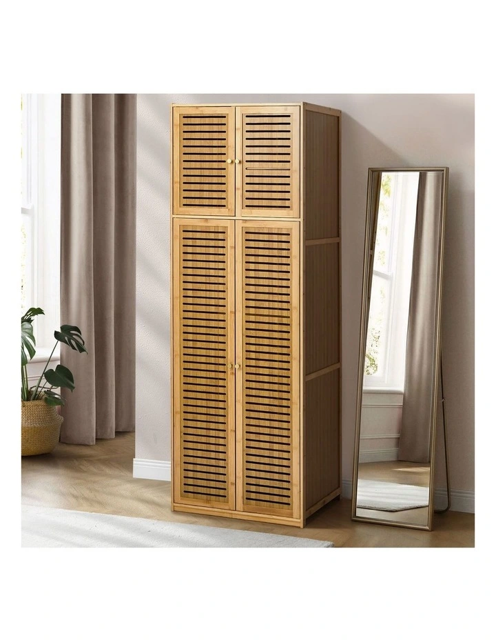 Oikiture Bamboo Wardrobe 4 Doors Clothes Storage Cabinet Hanging Rod Natural image 4
