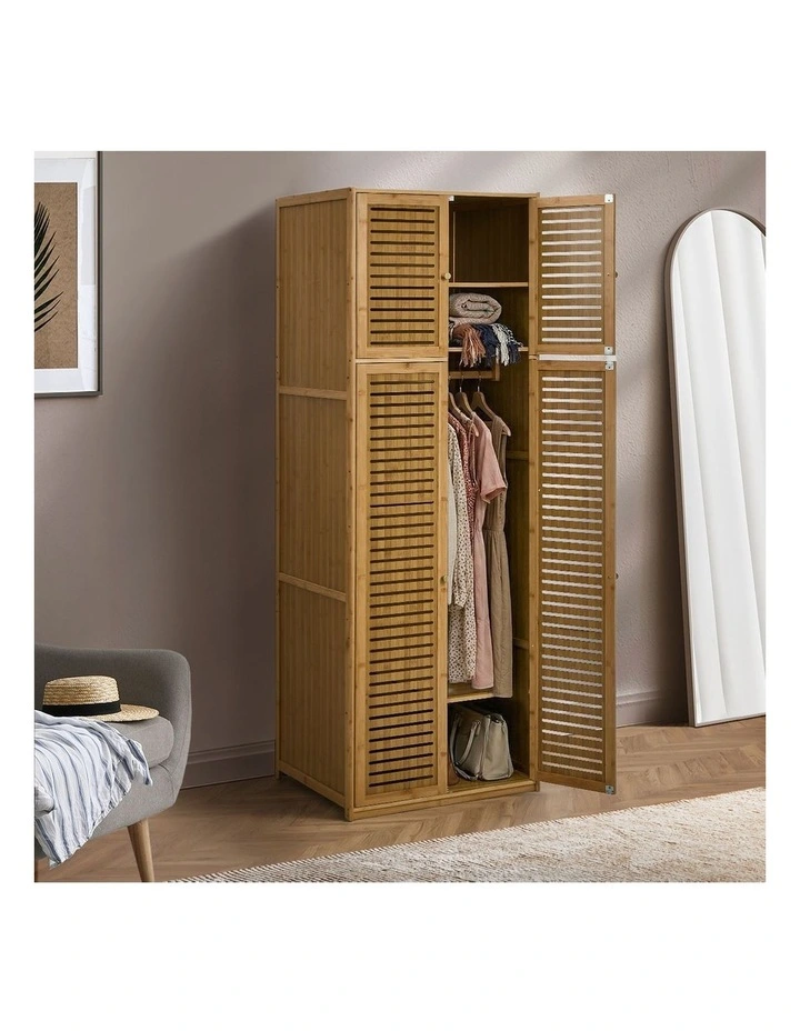 Oikiture Bamboo Wardrobe 4 Doors Clothes Storage Cabinet Hanging Rod Natural image 5