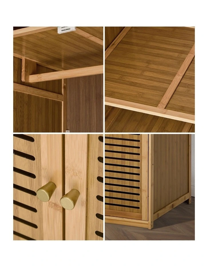 Oikiture Bamboo Wardrobe 4 Doors Clothes Storage Cabinet Hanging Rod Natural image 6