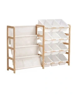 PlayPals Kid Storage Box Toys Organizer Sling Bookshelf with 12 Bins White