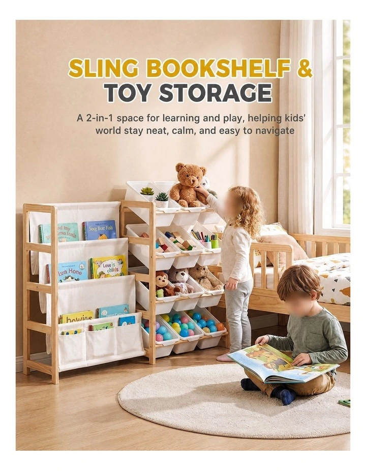 PlayPals Kid Storage Box Toys Organizer Sling Bookshelf with 12 Bins White image 6