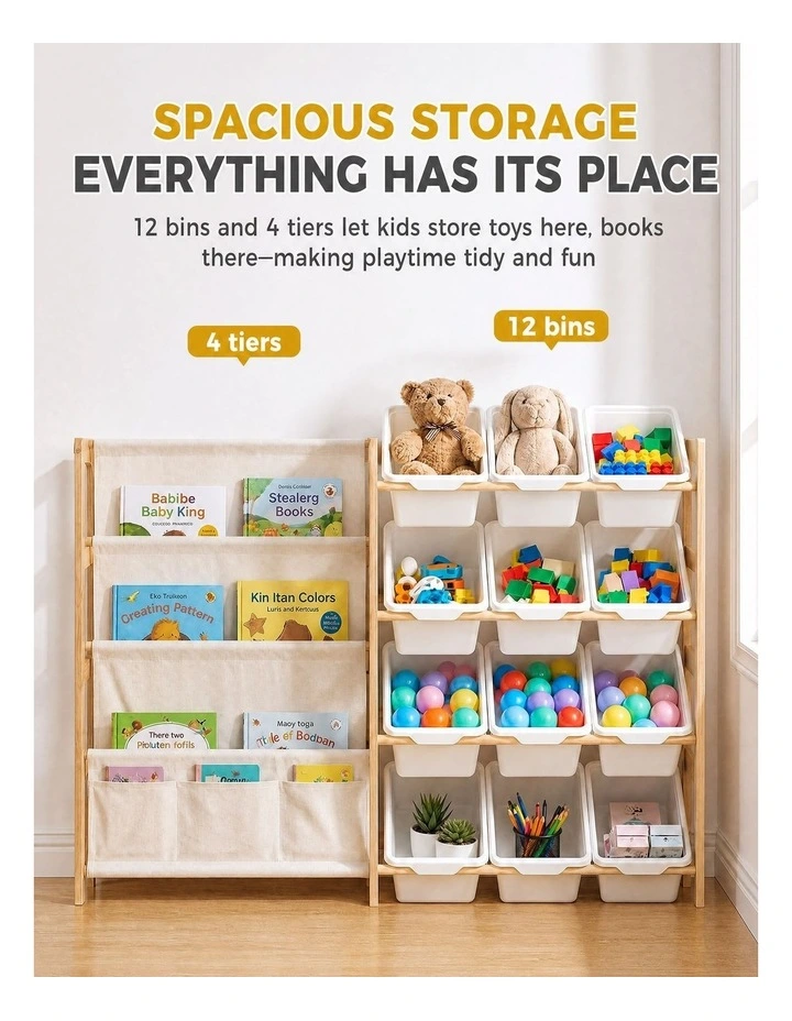 PlayPals Kid Storage Box Toys Organizer Sling Bookshelf with 12 Bins White image 7