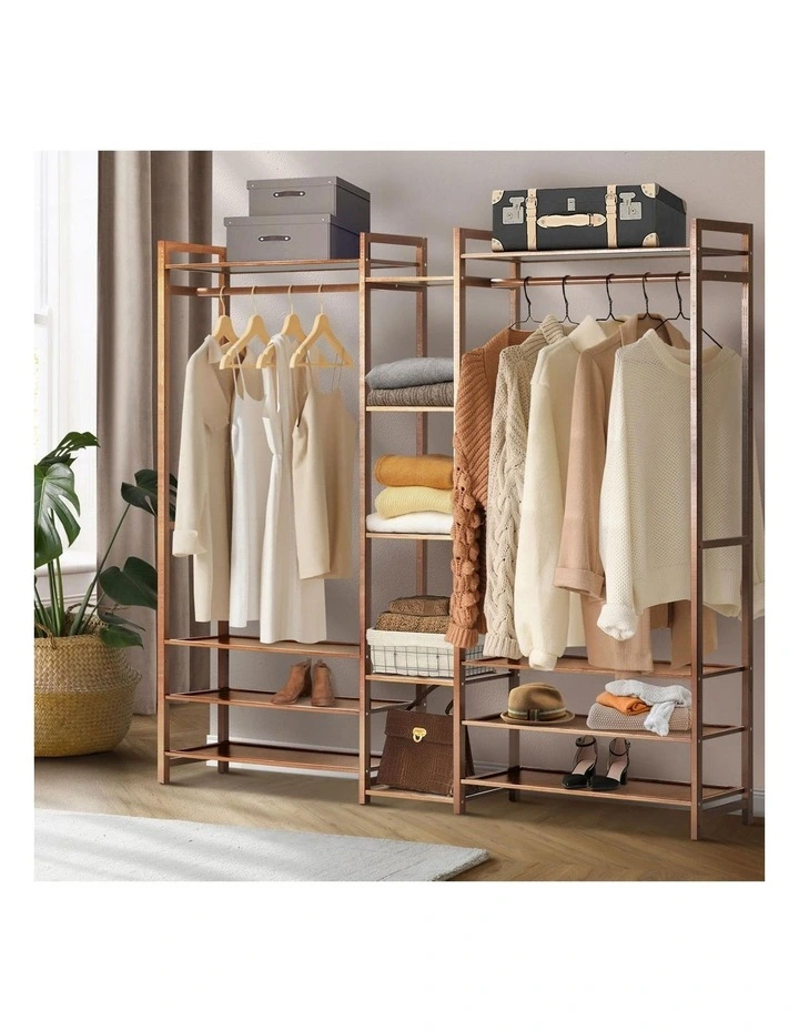 Oikiture Clothes Rack Open Wardrobe Garment Coat Hanging Rail Bamboo 13 Shelves image 4