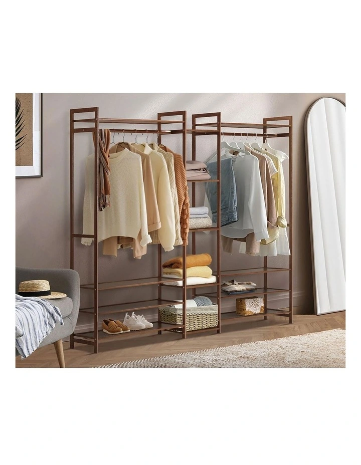 Oikiture Clothes Rack Open Wardrobe Garment Coat Hanging Rail Bamboo 13 Shelves image 5