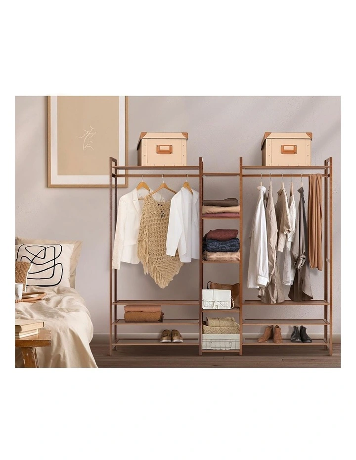 Oikiture Clothes Rack Open Wardrobe Garment Coat Hanging Rail Bamboo 13 Shelves image 7