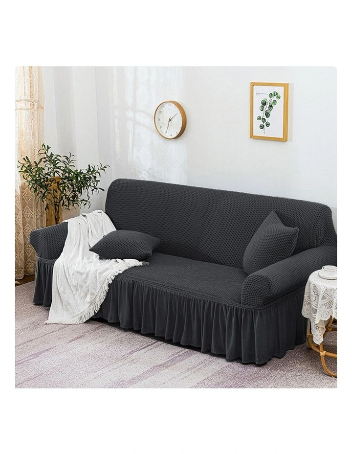 SOGA 4-Seater Dark Grey Sofa Cover with Ruffled Skirt Couch Protector image 3