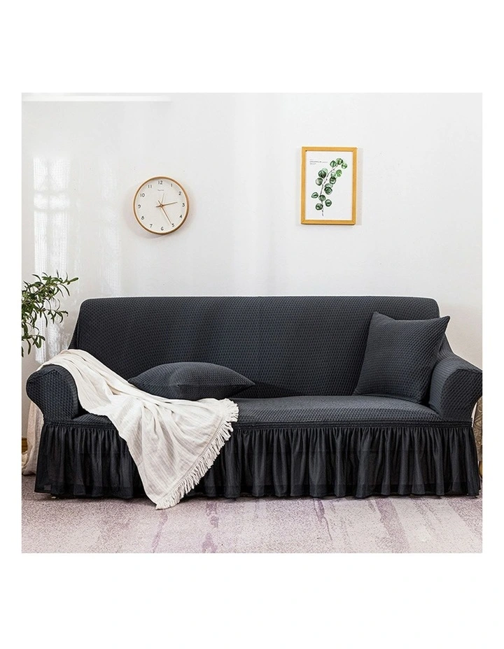 SOGA 4-Seater Dark Grey Sofa Cover with Ruffled Skirt Couch Protector image 4