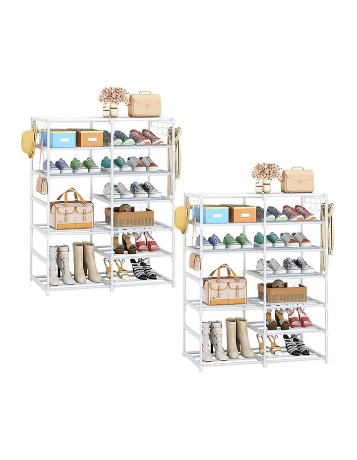 SOGA 2X 12-Tier White Shoe Storage Racks with Side Hooks image 1