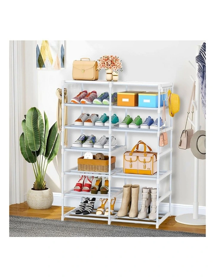 SOGA 2X 12-Tier White Shoe Storage Racks with Side Hooks image 5