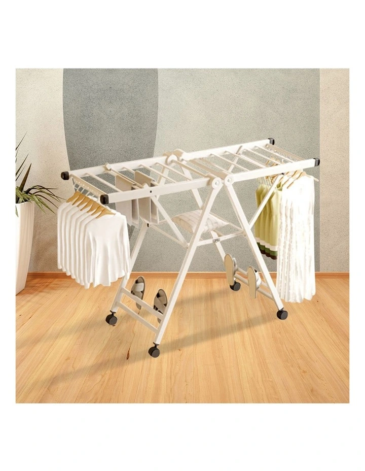 SOGA 1.6m Foldable Wing Clothes Drying Rack with Wheels White 2 Pack image 5