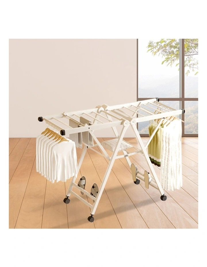 SOGA 1.6m Foldable Wing Clothes Drying Rack with Wheels White 2 Pack image 7