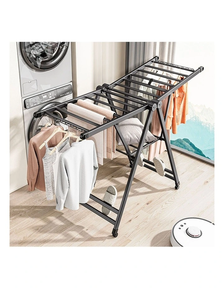 SOGA 1.4m Foldable Wing Clothes Drying Rack with Wheels Grey image 2