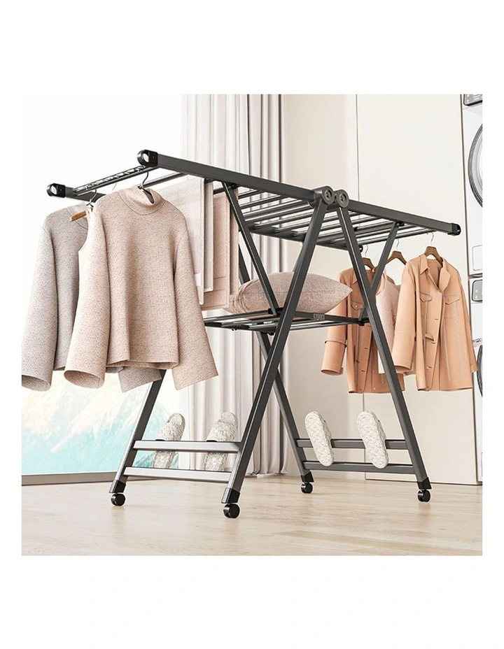 SOGA 1.4m Foldable Wing Clothes Drying Rack with Wheels Grey image 3