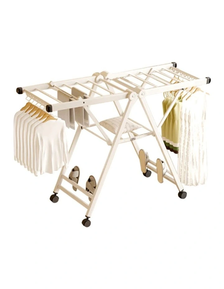 SOGA 1.4m Foldable Wing Clothes Drying Rack with Wheels White image 1