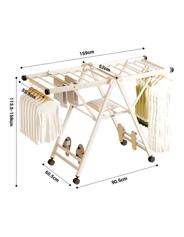 SOGA 1.4m Foldable Wing Clothes Drying Rack with Wheels White image 2
