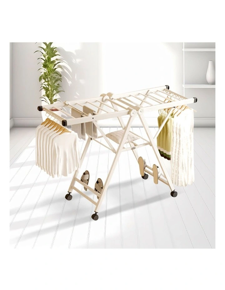 SOGA 1.4m Foldable Wing Clothes Drying Rack with Wheels White image 4