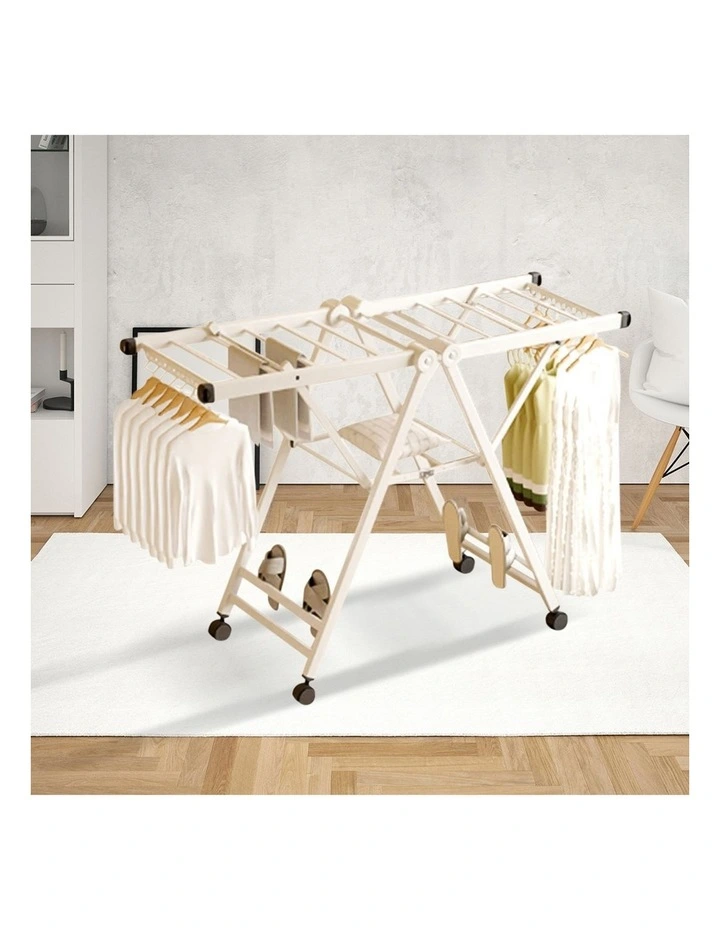 SOGA 1.4m Foldable Wing Clothes Drying Rack with Wheels White image 6