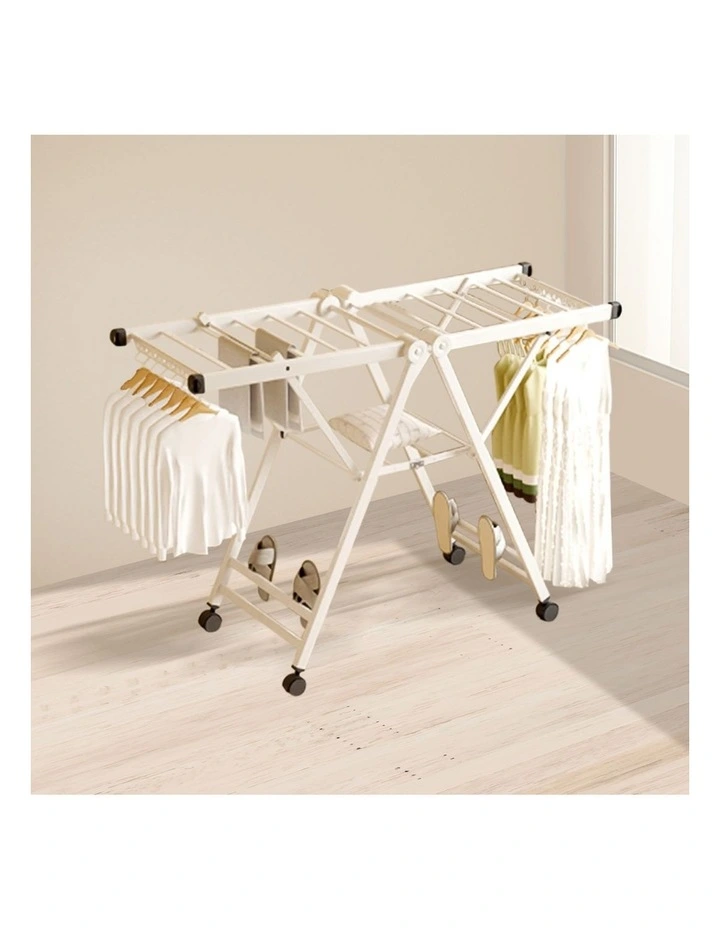 SOGA 1.4m Foldable Wing Clothes Drying Rack with Wheels White 2 Pack image 3