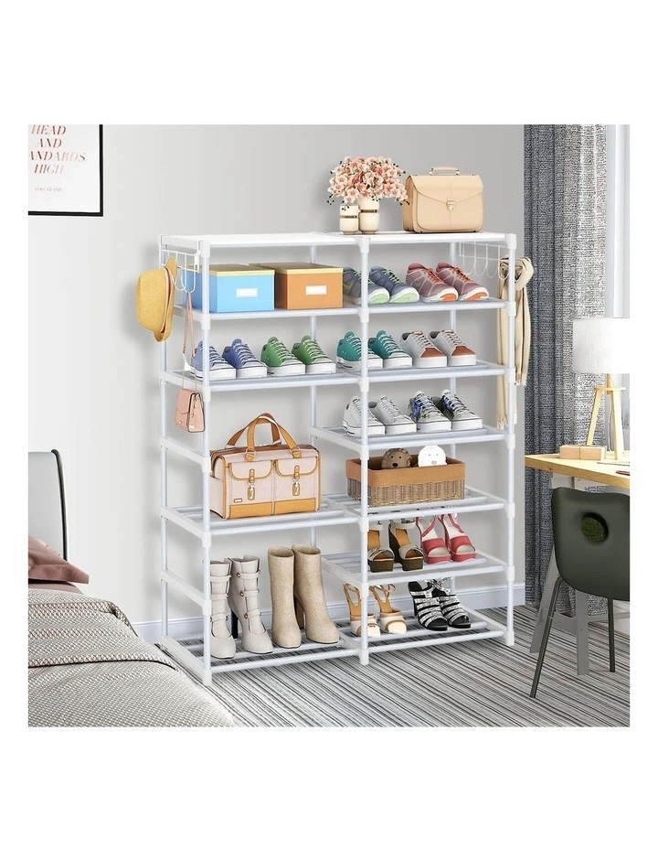 SOGA 12-Tier White Shoe Storage Rack with Side Hooks image 3