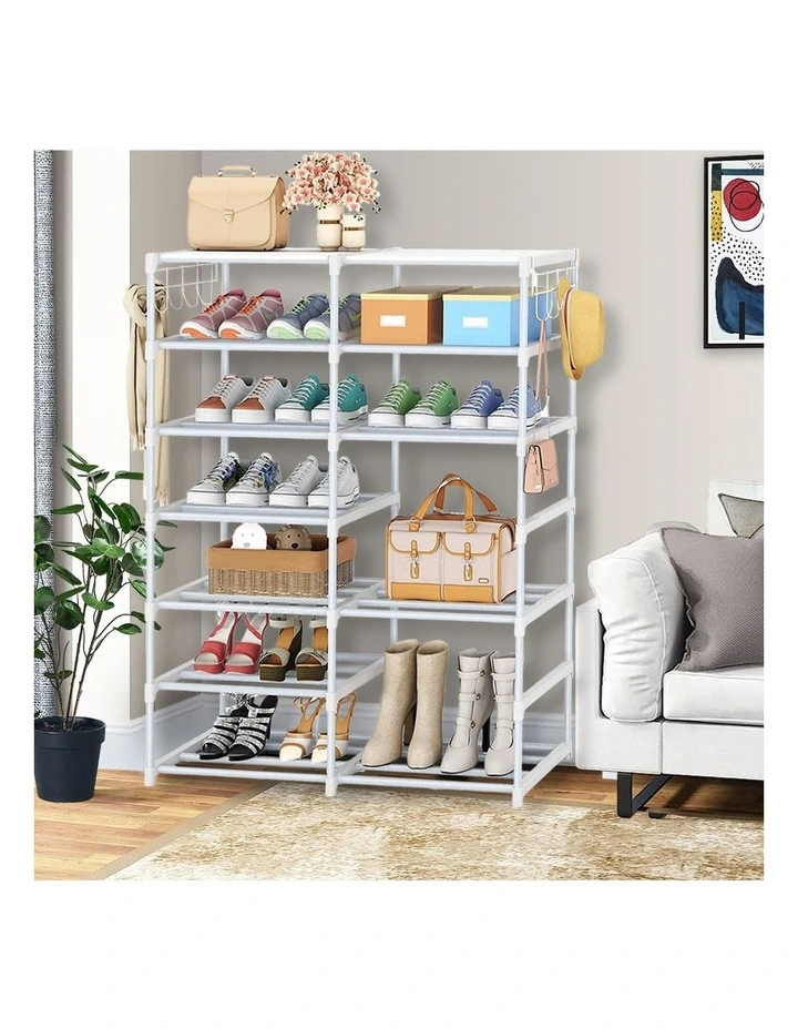 SOGA 12-Tier White Shoe Storage Rack with Side Hooks image 7