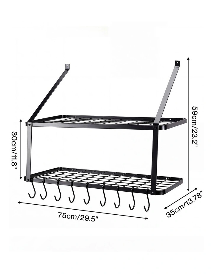 Toque Metal Pot Pan Rack Hanging Kitchen Shelf Wall Mounted Organizer 10 Hooks image 3