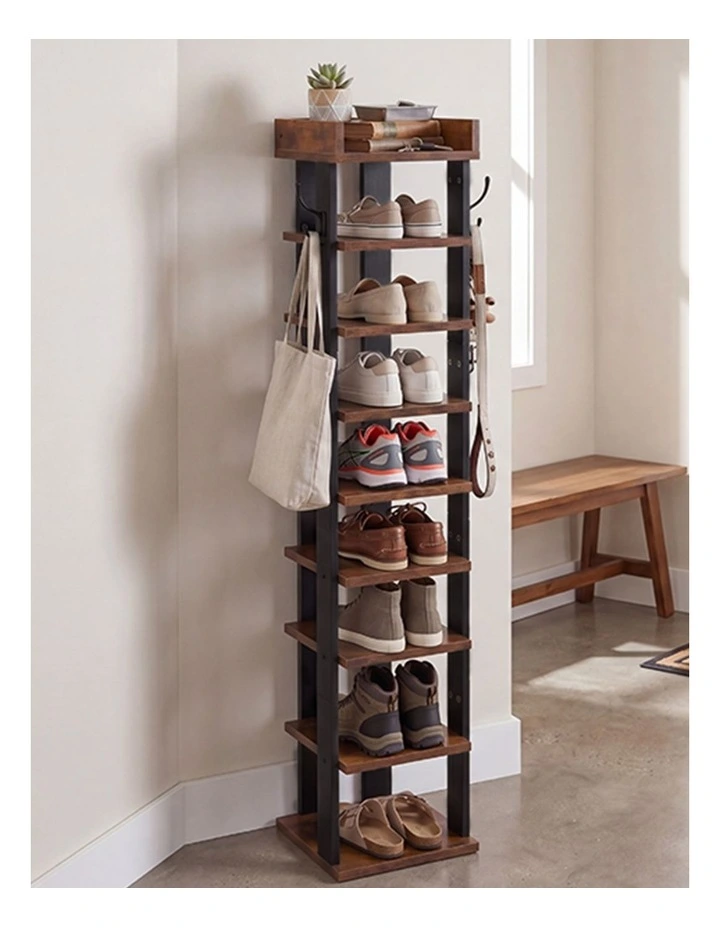 Levede Narrow Shoe Rack Vertical 9-Tier Shoe Storage Organiser Shelf Side Hooks image 7