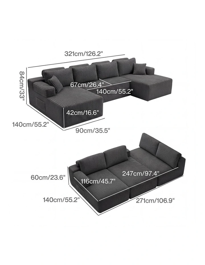 Levede Modular Sofa Lounge Set Corduroy Convertible Shape Cloud Couch Grey image 3