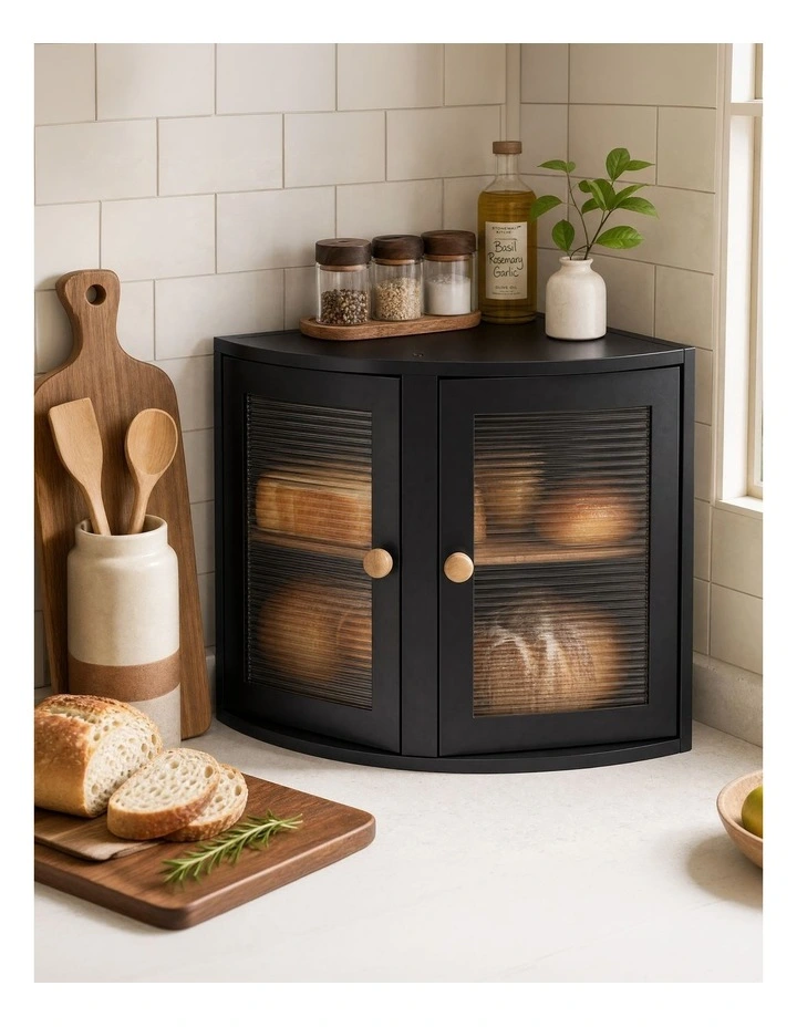 Toque Corner Bread Box 2 Tier Bamboo Bread Bin Kitchen Countertop Storage Black image 7