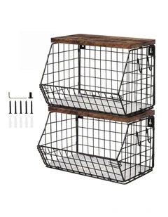Toque Fruit Snack Storage Basket 2PCS Stackable Wall Mounted Kitchen Wood Lid