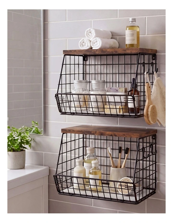 Toque Fruit Snack Storage Basket 2PCS Stackable Wall Mounted Kitchen Wood Lid image 7