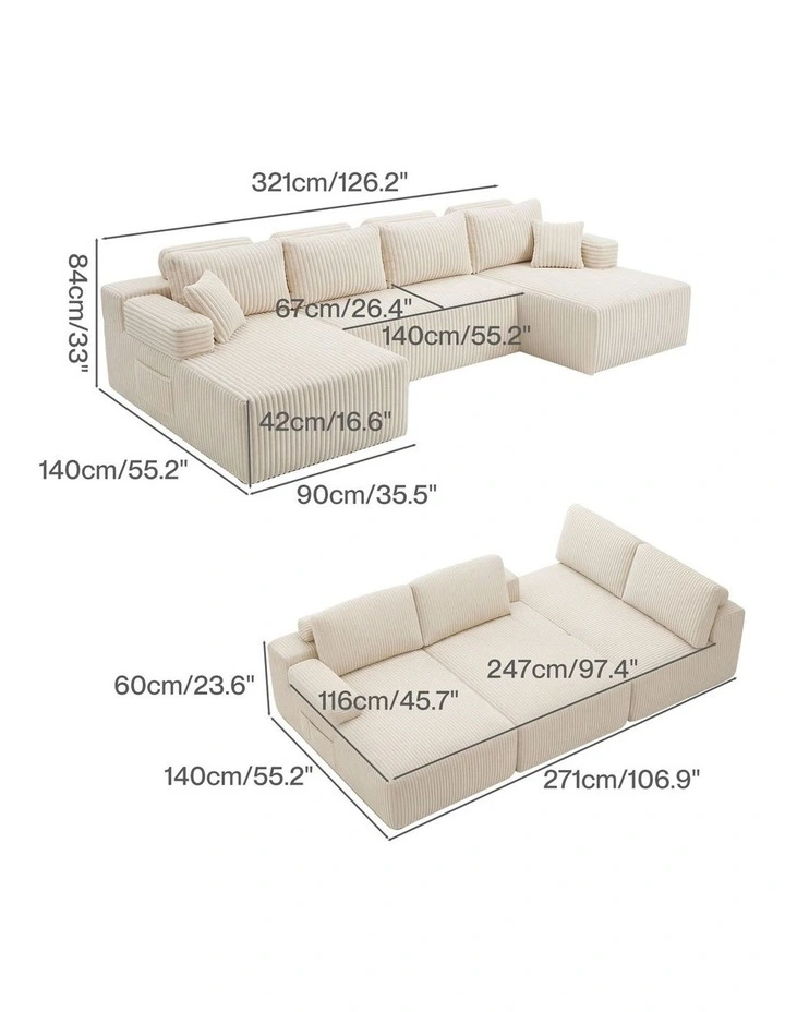 Levede Modular Sofa Lounge Set Corduroy Convertible Shape Cloud Couch Beige image 3