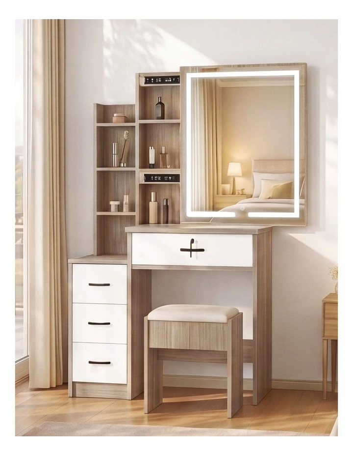 Levede Dressing Table Vanity Stool Set Sliding LED Mirror Makeup Storage Shelves image 7