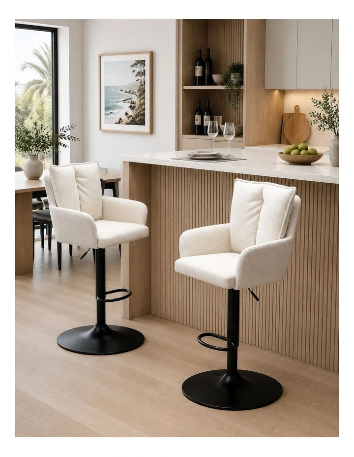 Homfurn Set of 2 Adjustable Swivel Bar Stool, Modern Linen Fabric Bar Chair with Armrest, Beige image 2