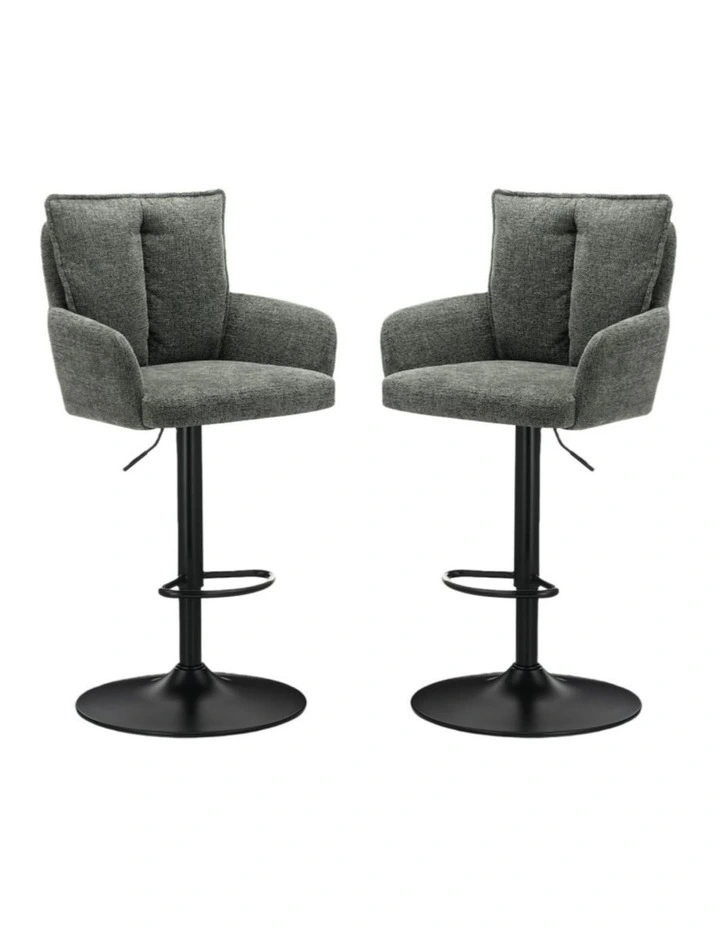 Homfurn Set of 2 Adjustable Swivel Bar Stool, Modern Linen Fabric Bar Chair with Armrest, Green image 1