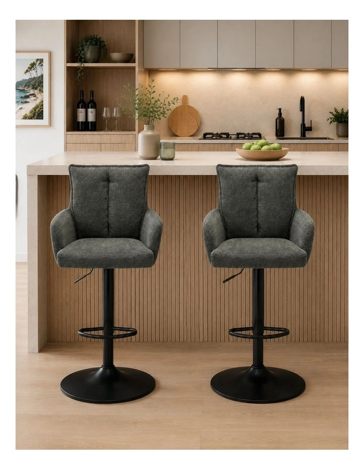 Homfurn Set of 2 Adjustable Swivel Bar Stool, Modern Linen Fabric Bar Chair with Armrest, Green image 2